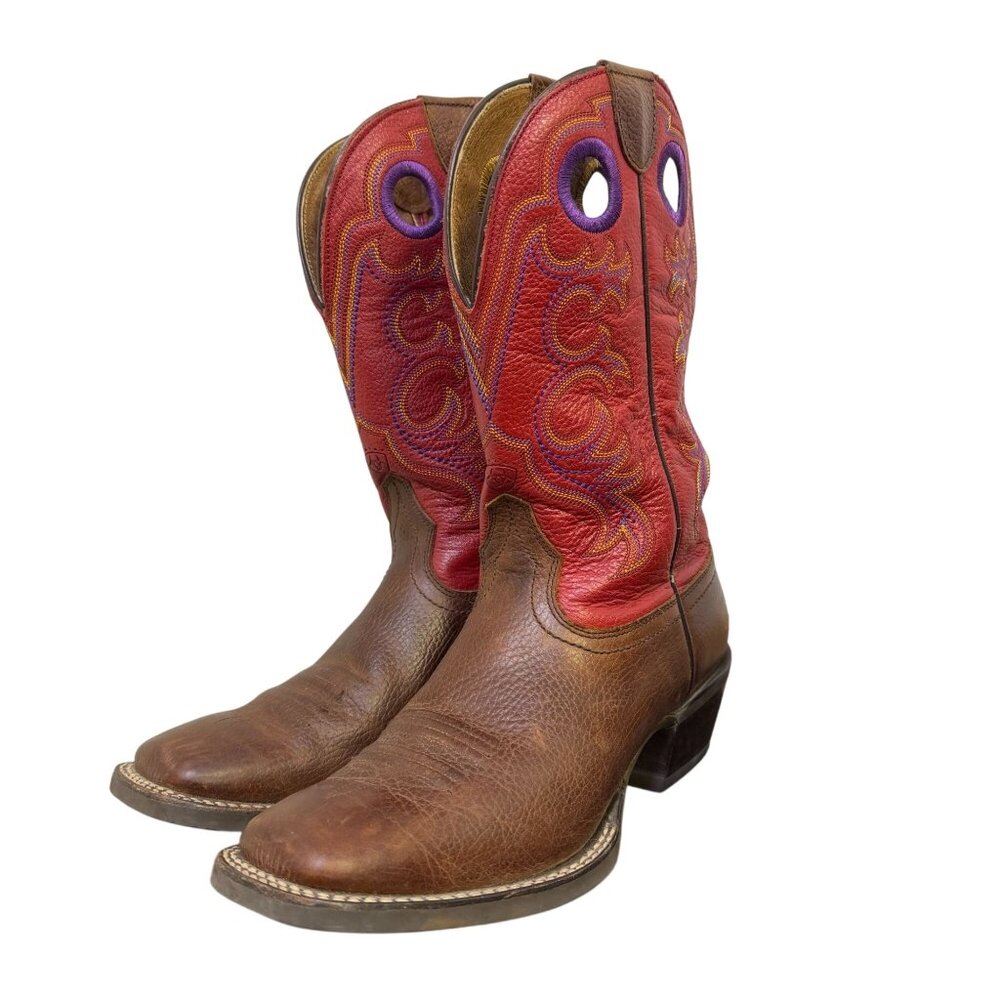 Ariat Western Cowboy Boots Red & Brown Leather Embroidered Square Toe Size 6.5